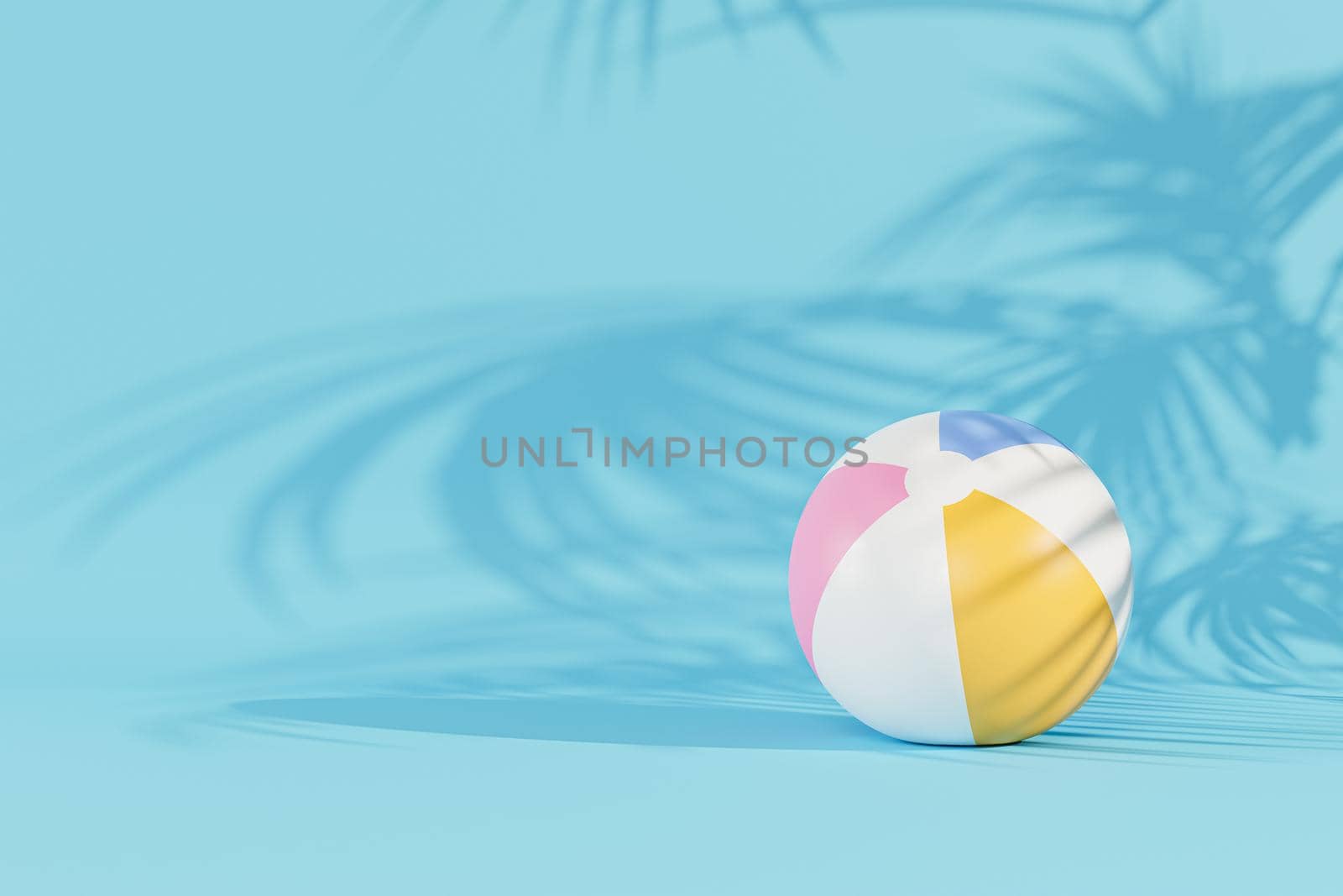 Summer blue background with inflatable beach balls and tropical leaves shadows, copy space, minimal 3d illustration render by Frostroomhead