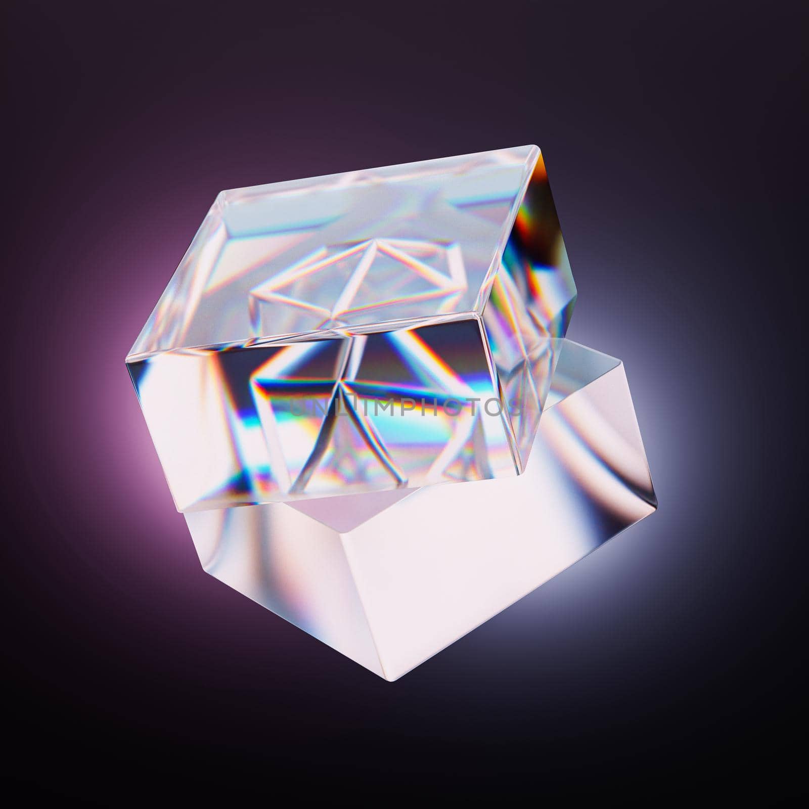 Abstract glass square crystal with dispersion on black background with gradient light, 3d illustration render