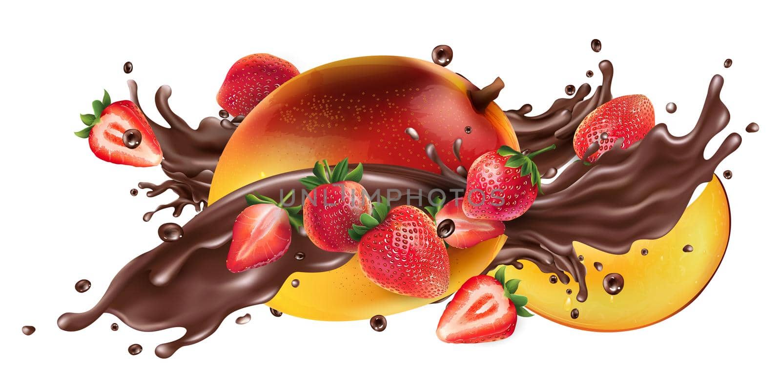 Splash of liquid chocolate and fresh mango with strawberries. by ConceptCafe