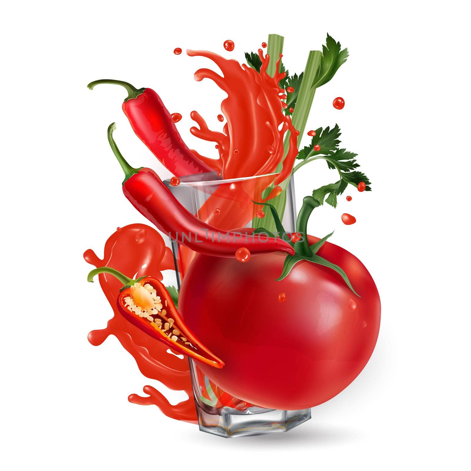 Tomato, red peppers, celery and a splash of vegetable juice in a glass on a white background. Realistic style illustration.