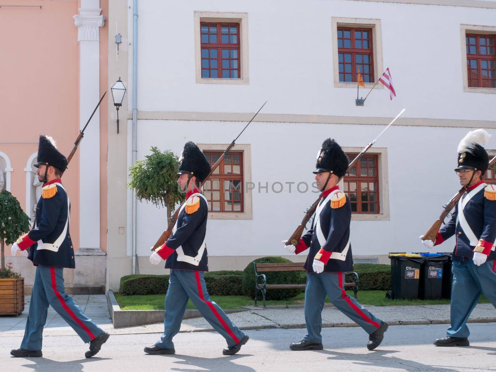 Formal Varazdin Civil Guard passes through the old parts of the city of Varazdin. Spancirfest 2019, Croatia. Špancirfest.