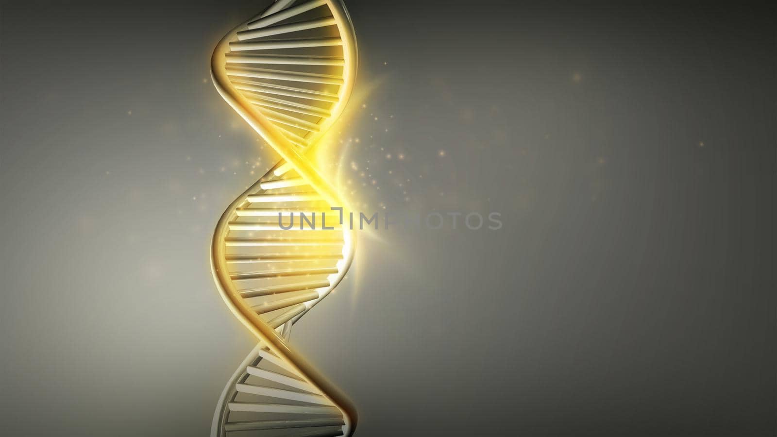 Golden glow of DNA strands double helix, 3D render. by ConceptCafe