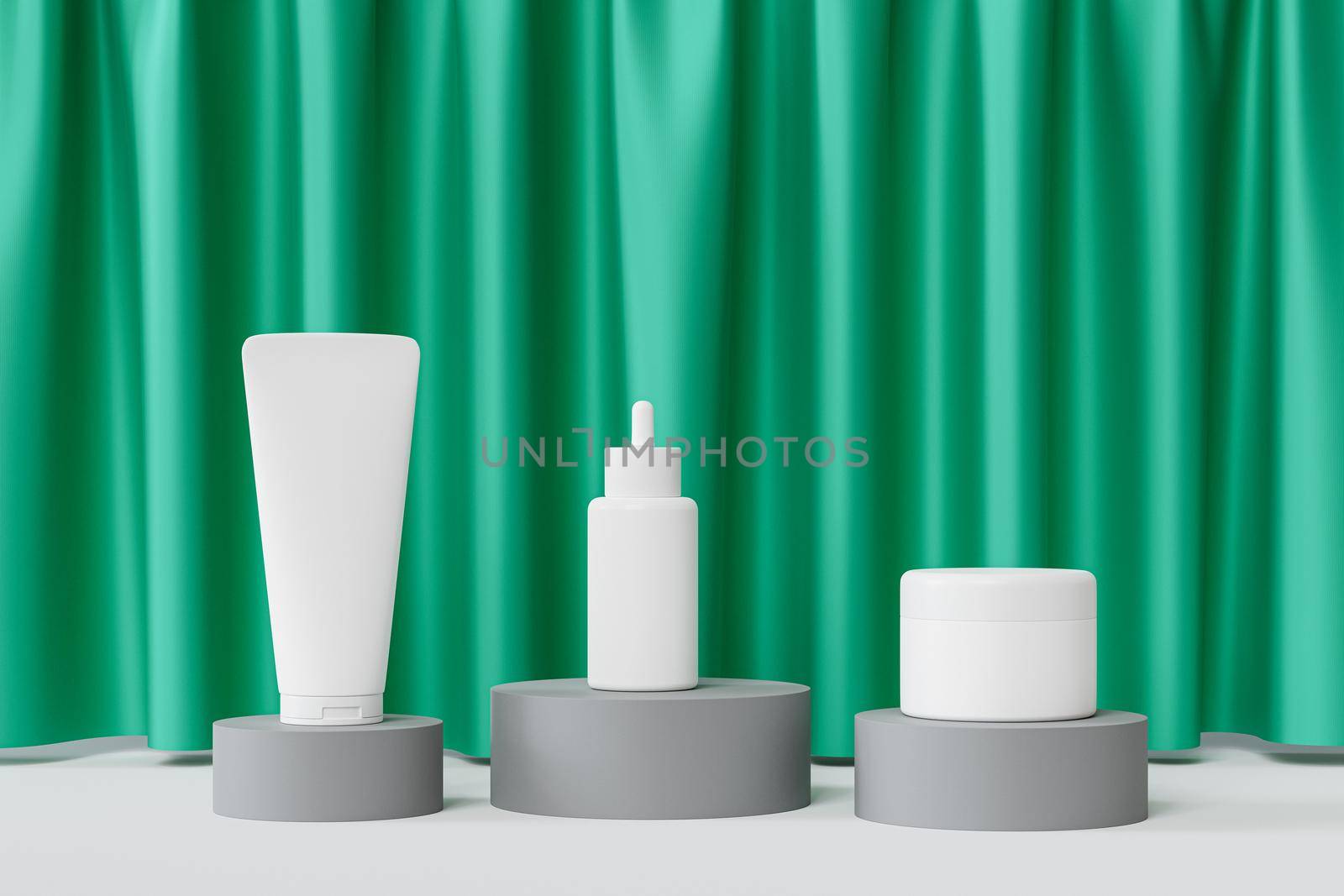 Mockup dropper bottle, lotion tube and cream jar for cosmetics products or advertising on gray podiums with green curtains, 3d illustration render