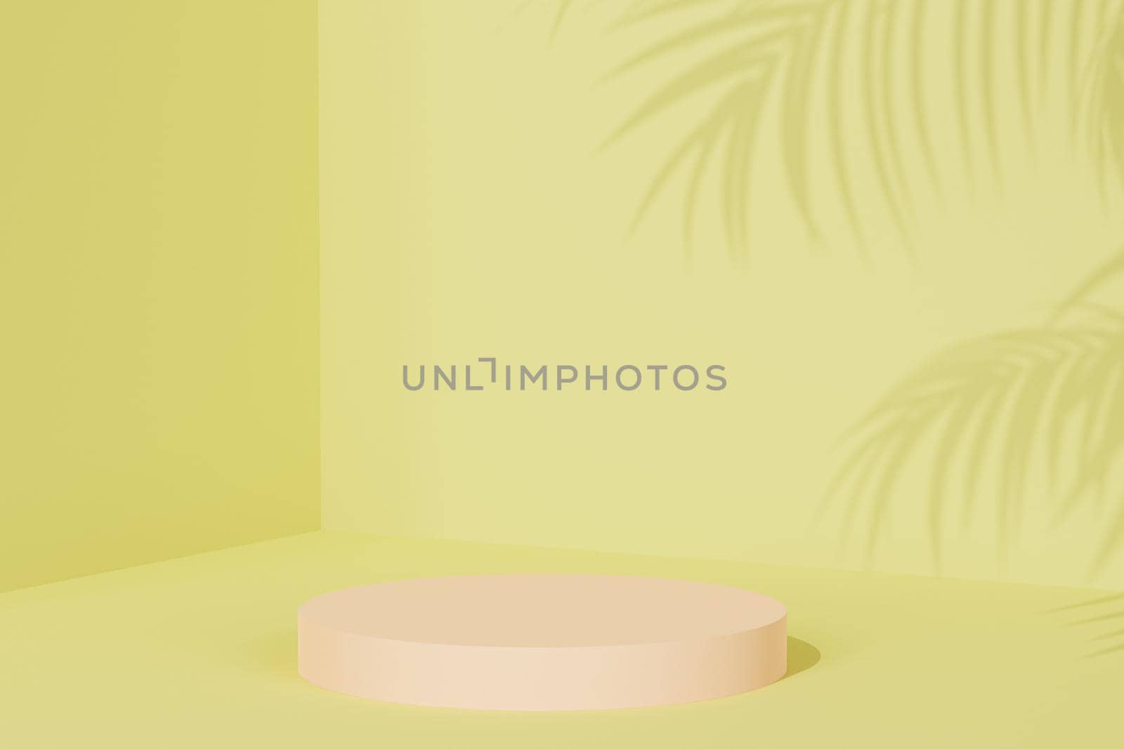 Podium or pedestal for products or advertising on pastel green background with tropical leaf shadow, 3d illustration render