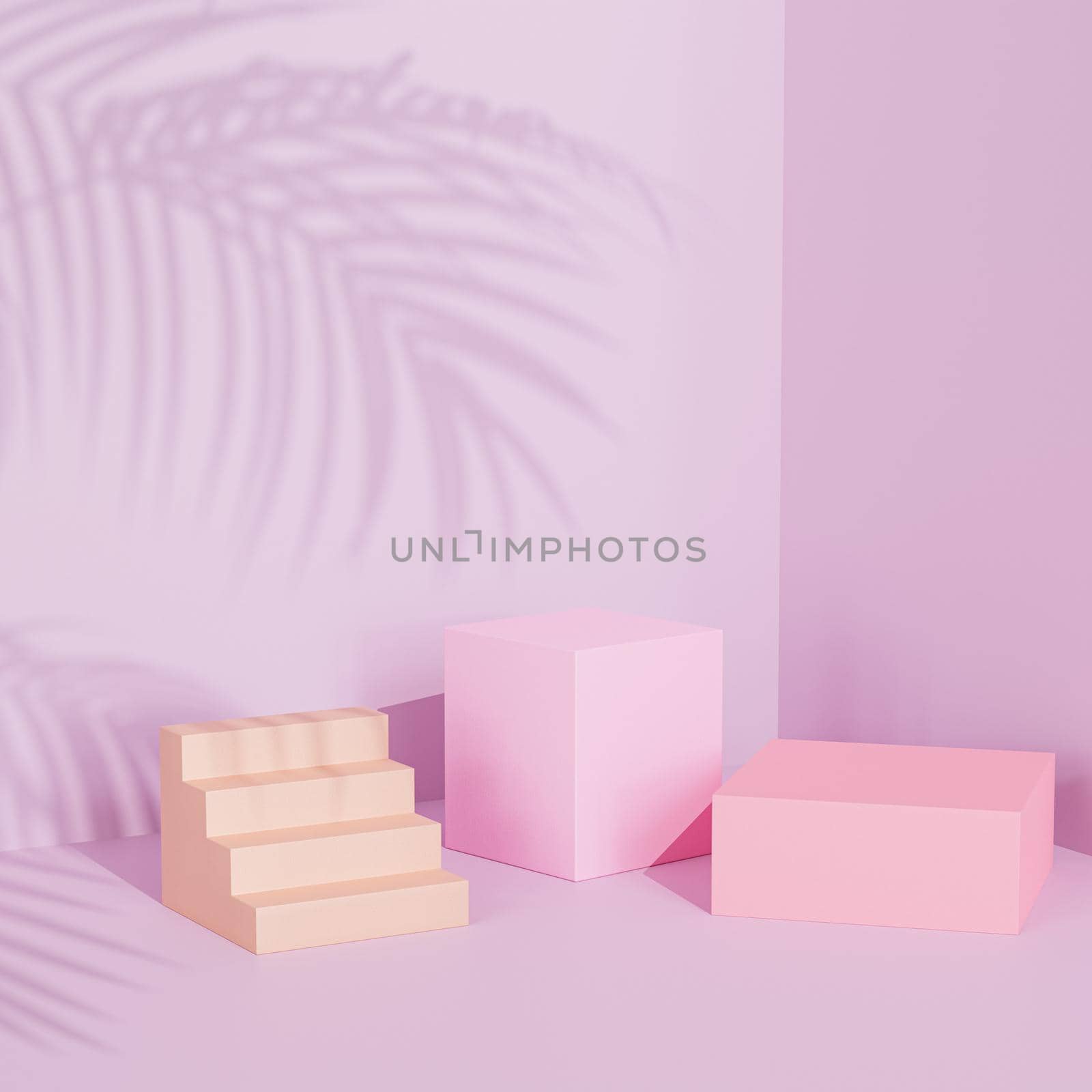 Square podiums or pedestals for products or advertising on pastel pink background with tropical leaf shadow, minimal 3d illustration render
