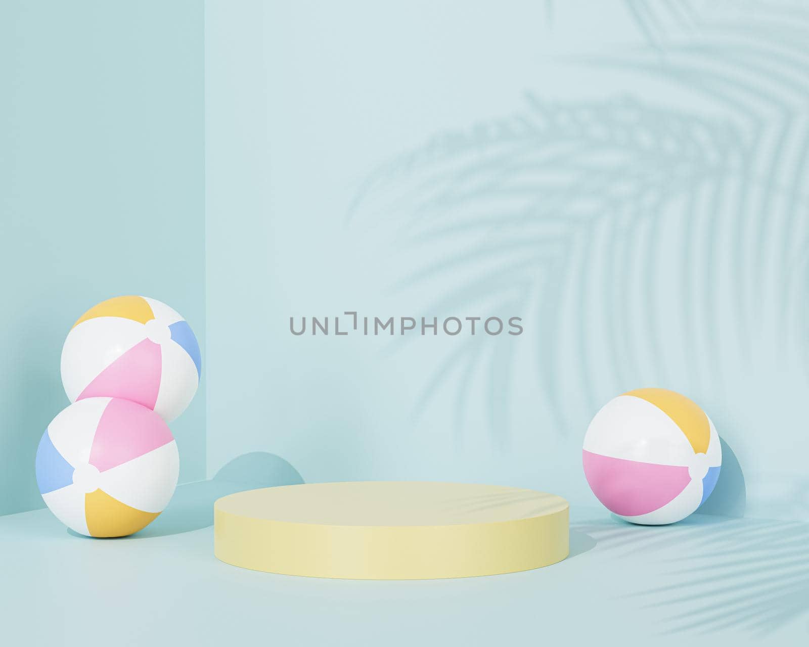 Yellow podium or pedestal for products or advertising on pastel blue background with beach balls, minimal 3d render