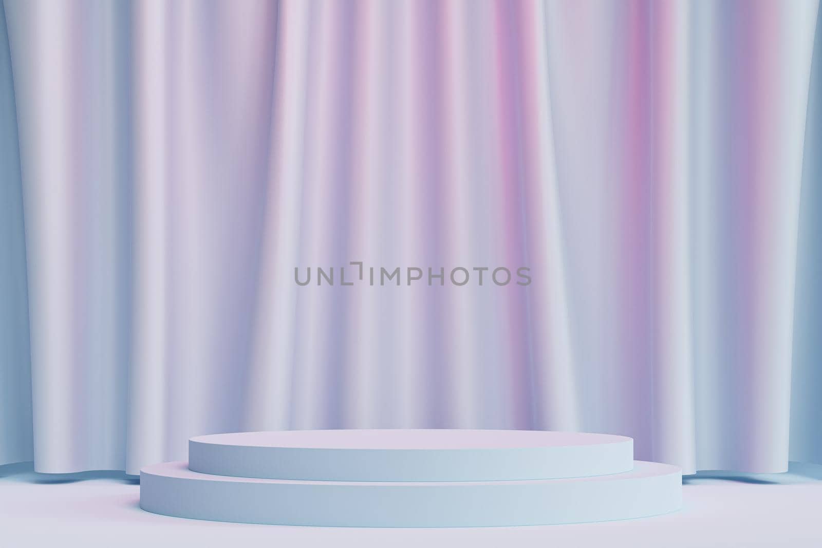 Cylinder podium or pedestal for products or advertising on neutral blue and pink background with curtains, minimal 3d illustration render by Frostroomhead