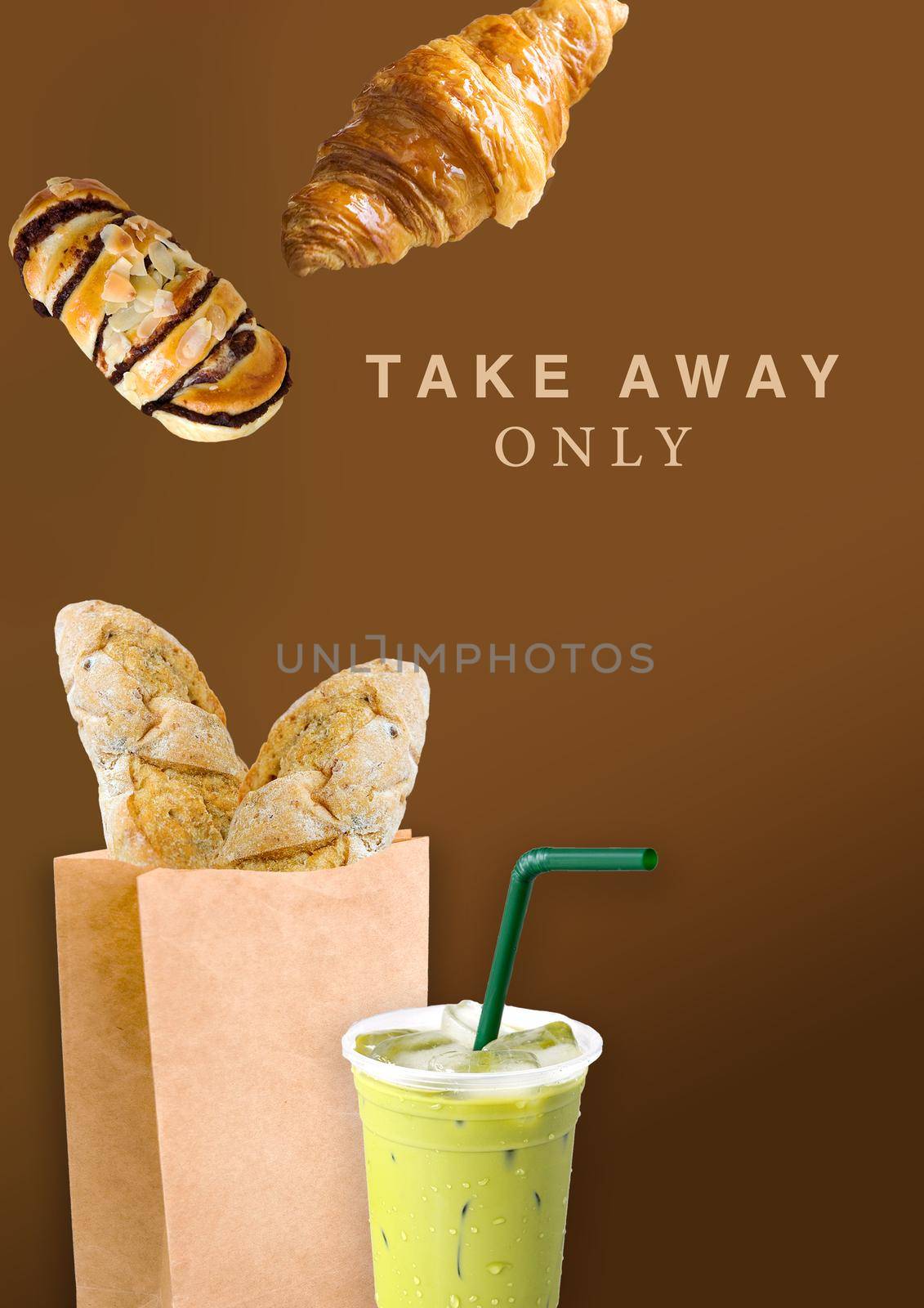 Takeaway pastries concept with message take away only on brown color background