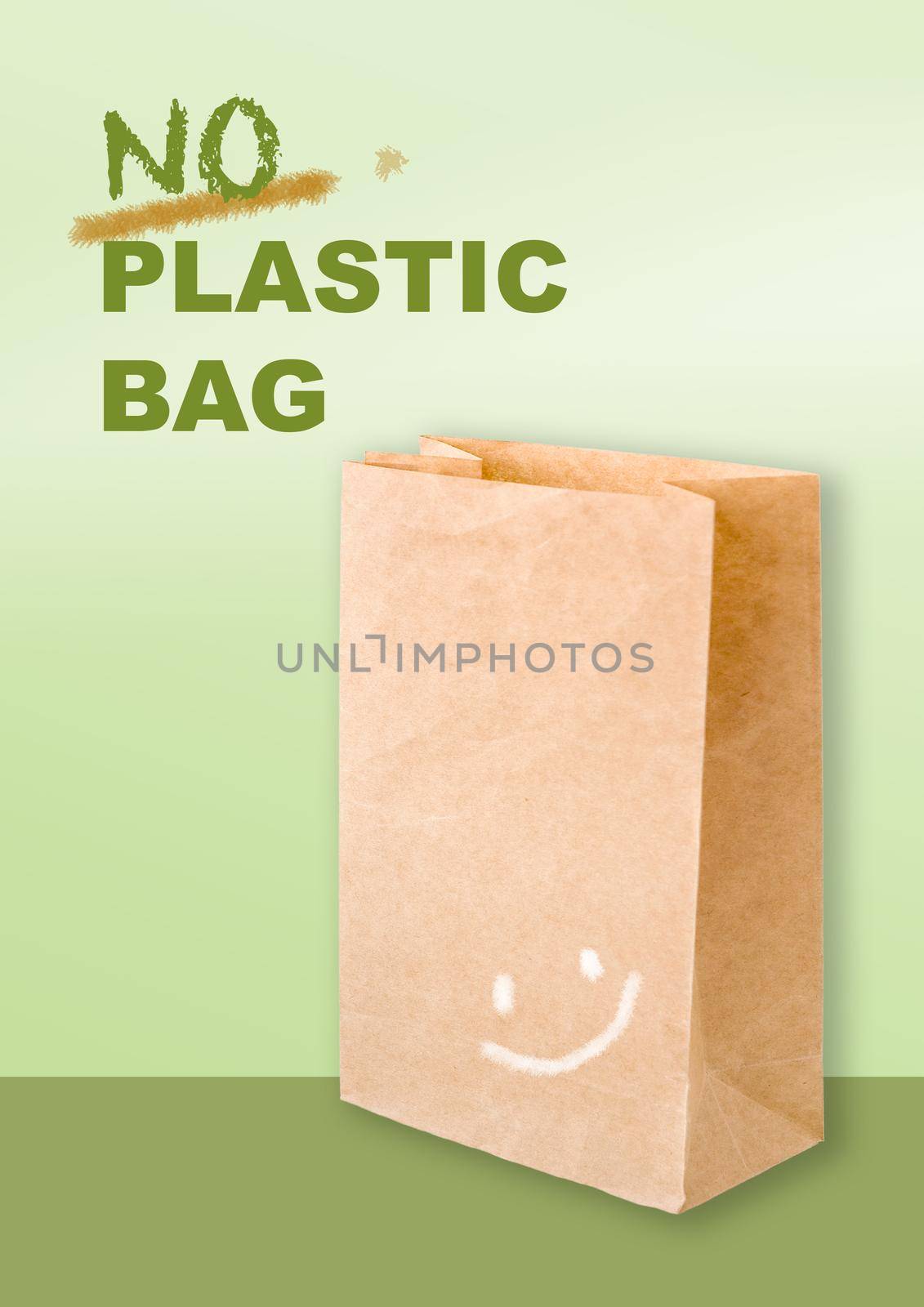 No plastic bag wording on green background with paper bag with smiling face in eco concept