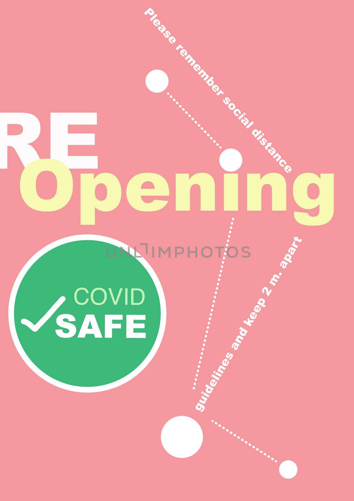Reopening wording with Covid safe checked sign and wording keep social distance along the white dots on pink background