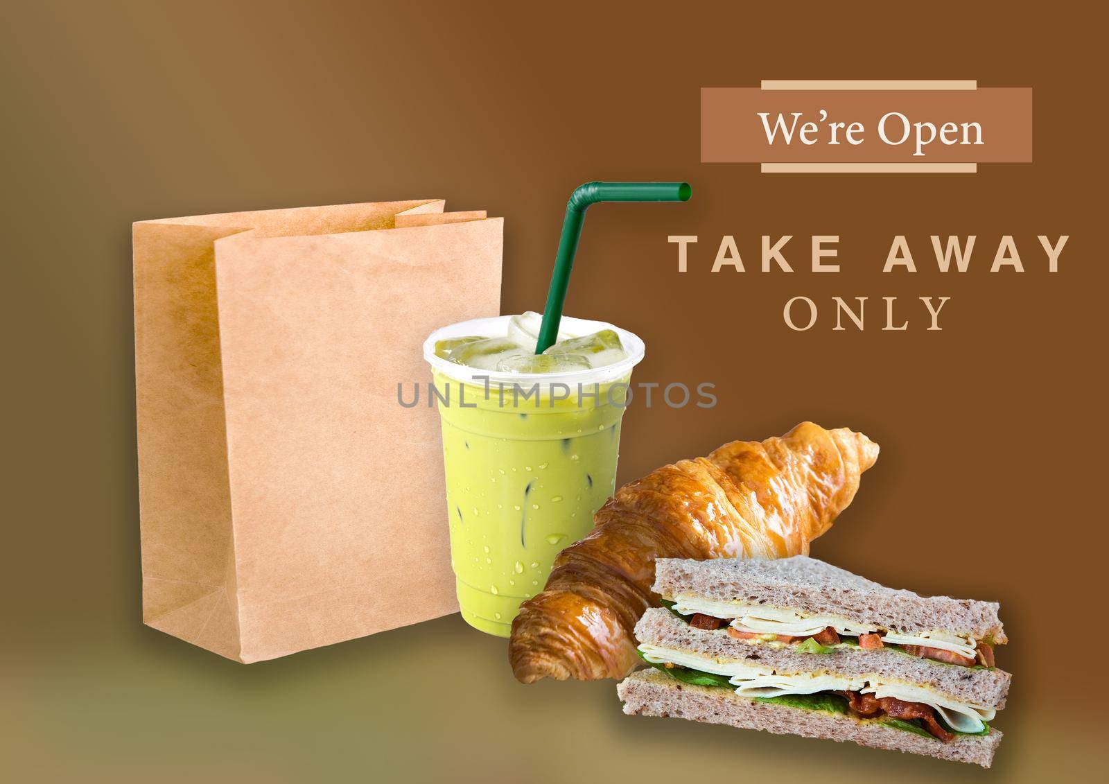 Pastries and drinks for take away only message background for restaurant announcement