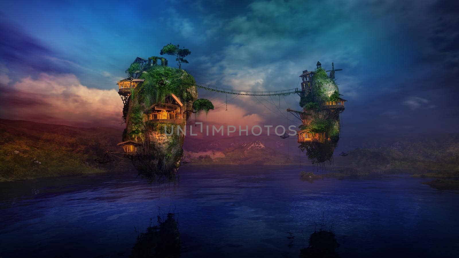 Sunlit dwellings on magical flying islands over the lake, 3D render. by ConceptCafe