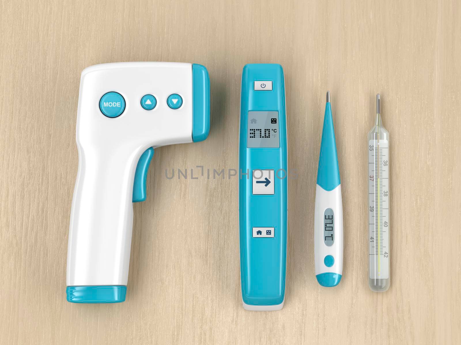 Different types of medical thermometers on wood table, top view