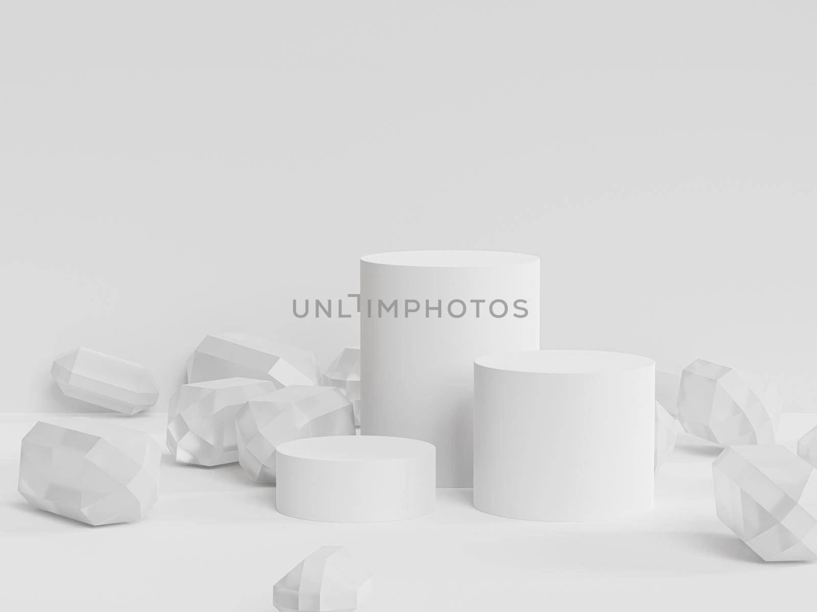 Podiums or pedestals for products or advertising with crystals on white background, minimal 3d render by Frostroomhead