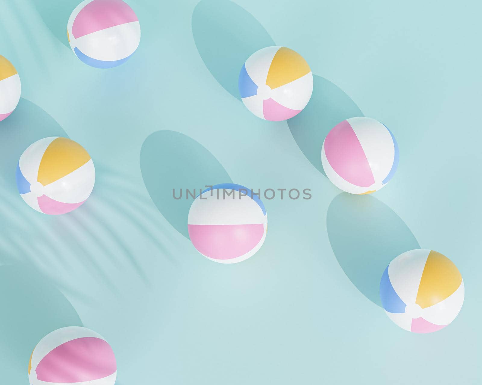 Summer blue background with inflatable beach balls and tropical leaves shadows, 3d render