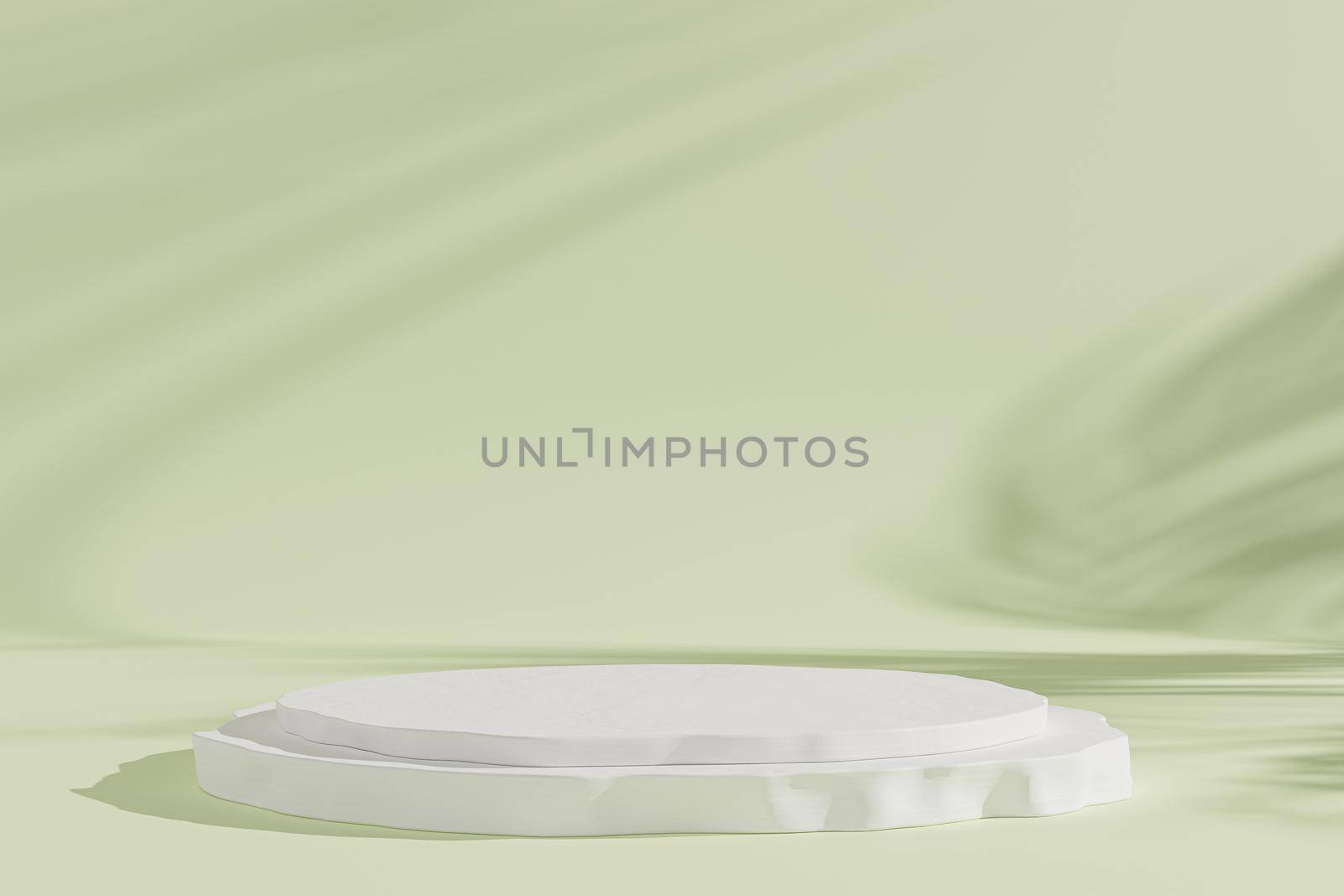 Podium or pedestal for products or advertising on green background with leaves shadows, minimal 3d illustration render