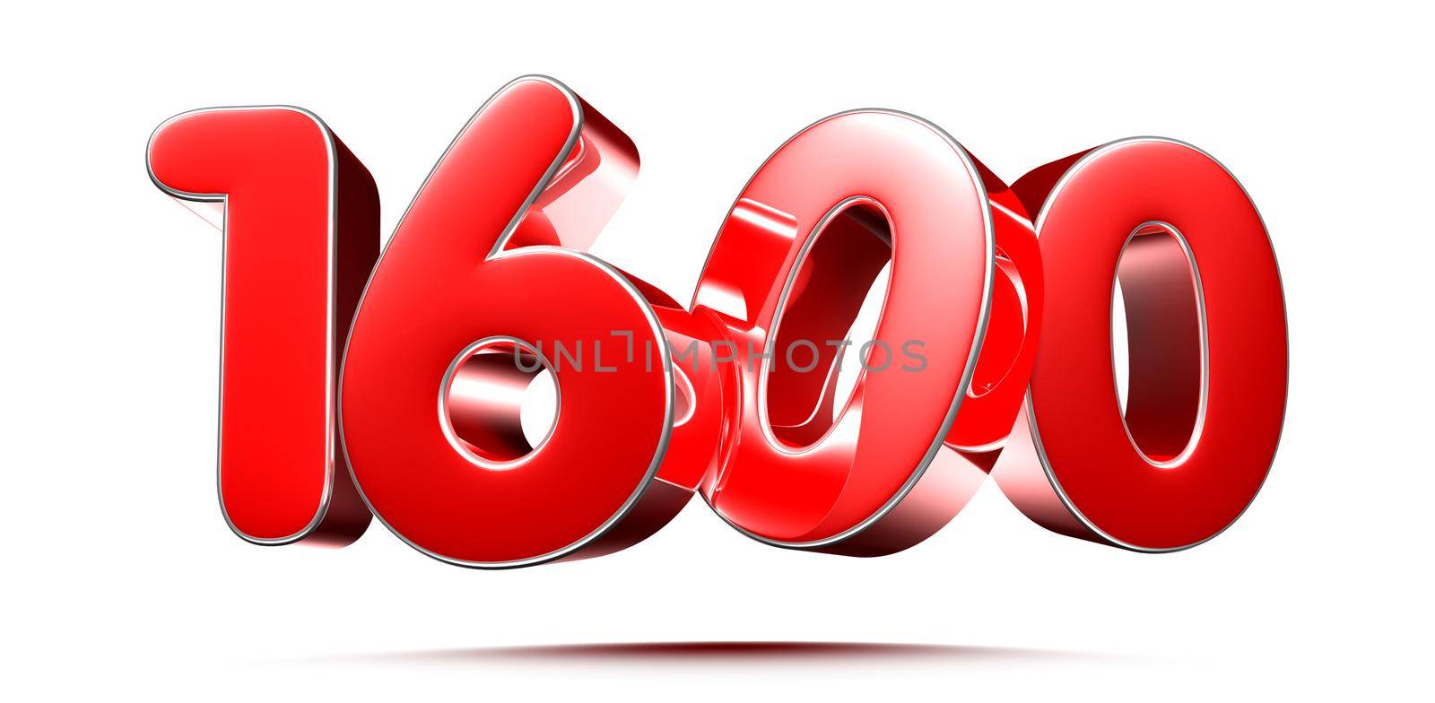 Rounded red numbers 1600 on white background 3D illustration with clipping path