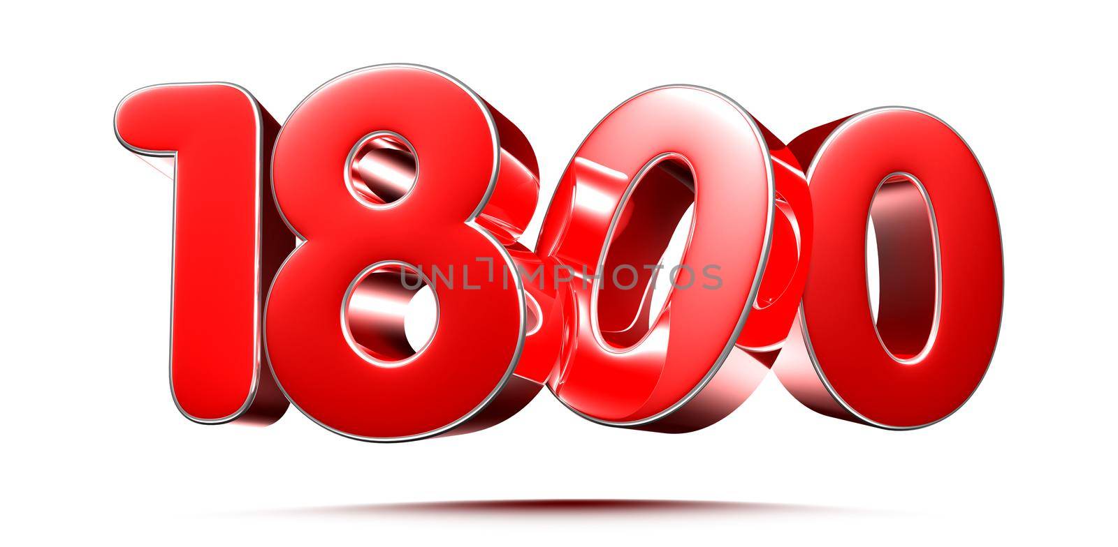 Rounded red numbers 1800 on white background 3D illustration with clipping path