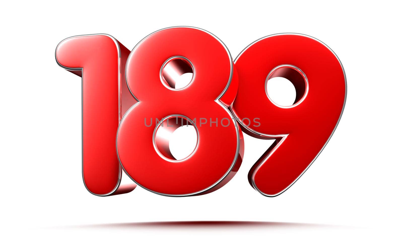 Rounded red numbers 189 on white background 3D illustration with clipping path