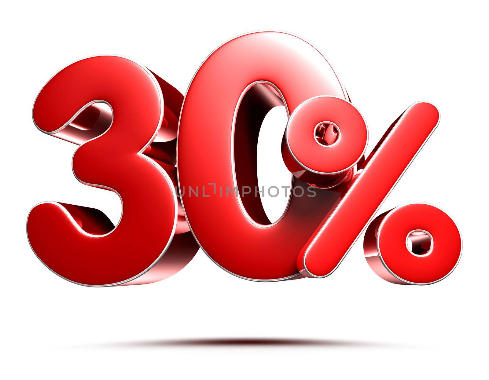 30 percent red 3D illustration on white background with clipping path.