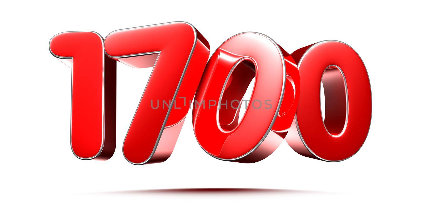 Rounded red numbers 1700 on white background 3D illustration with clipping path