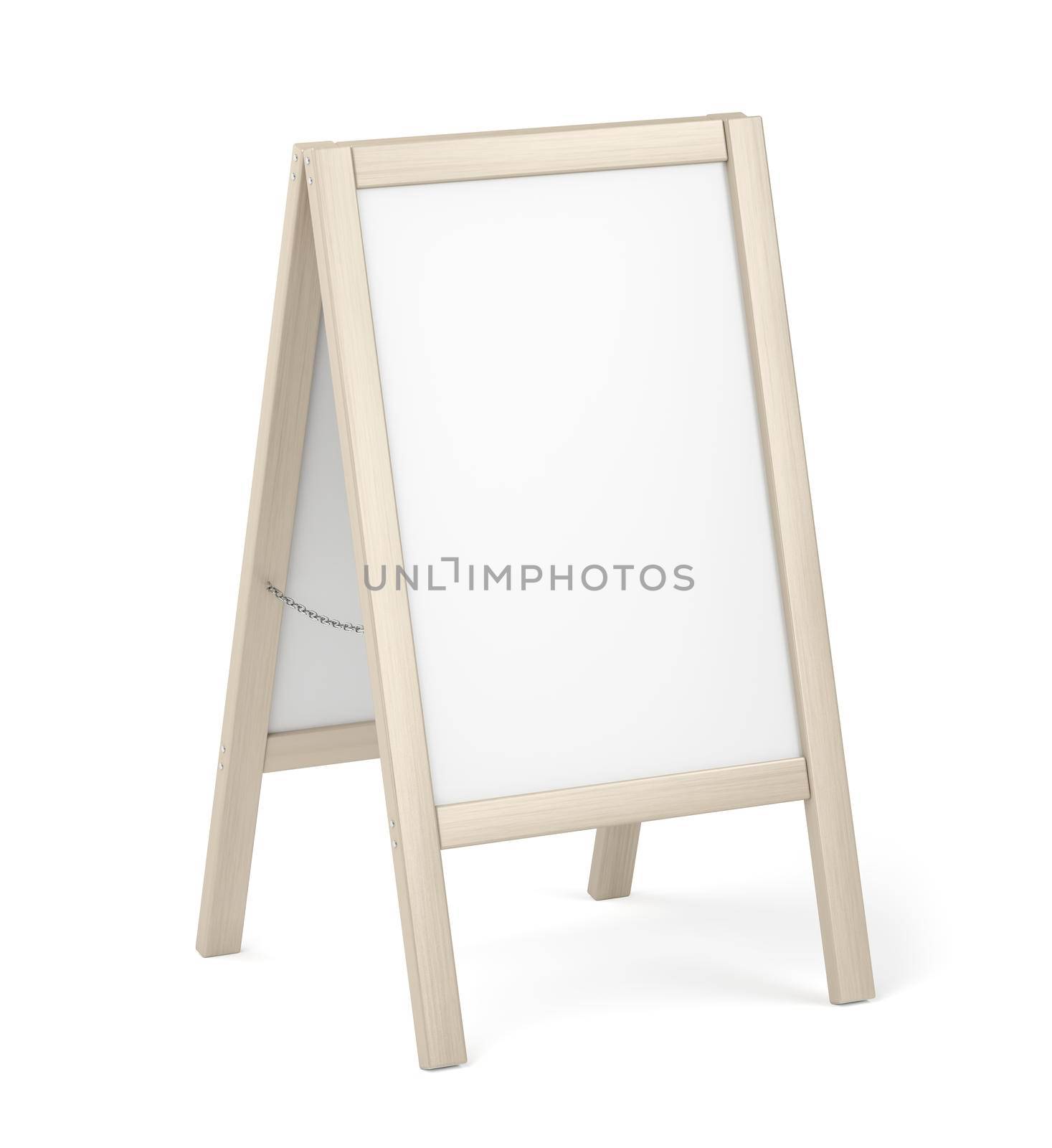 White advertising stand with wooden frame on white background