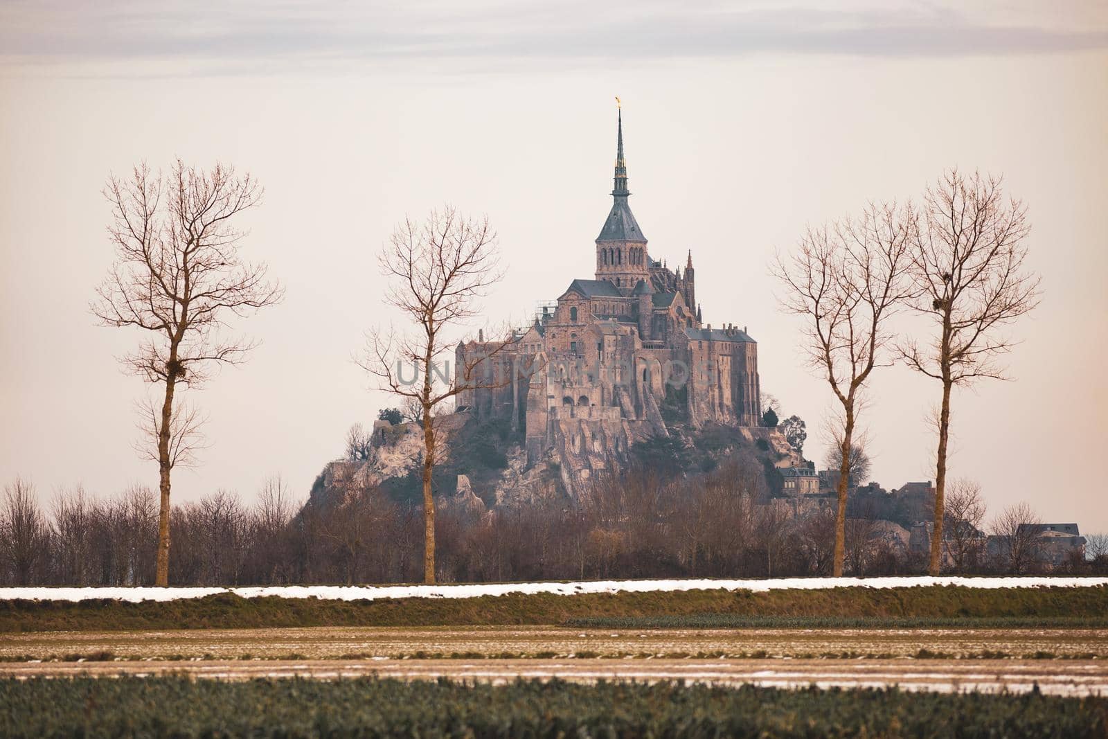 Le Mont Saint-Michel warm toned in winter, Normandy, France