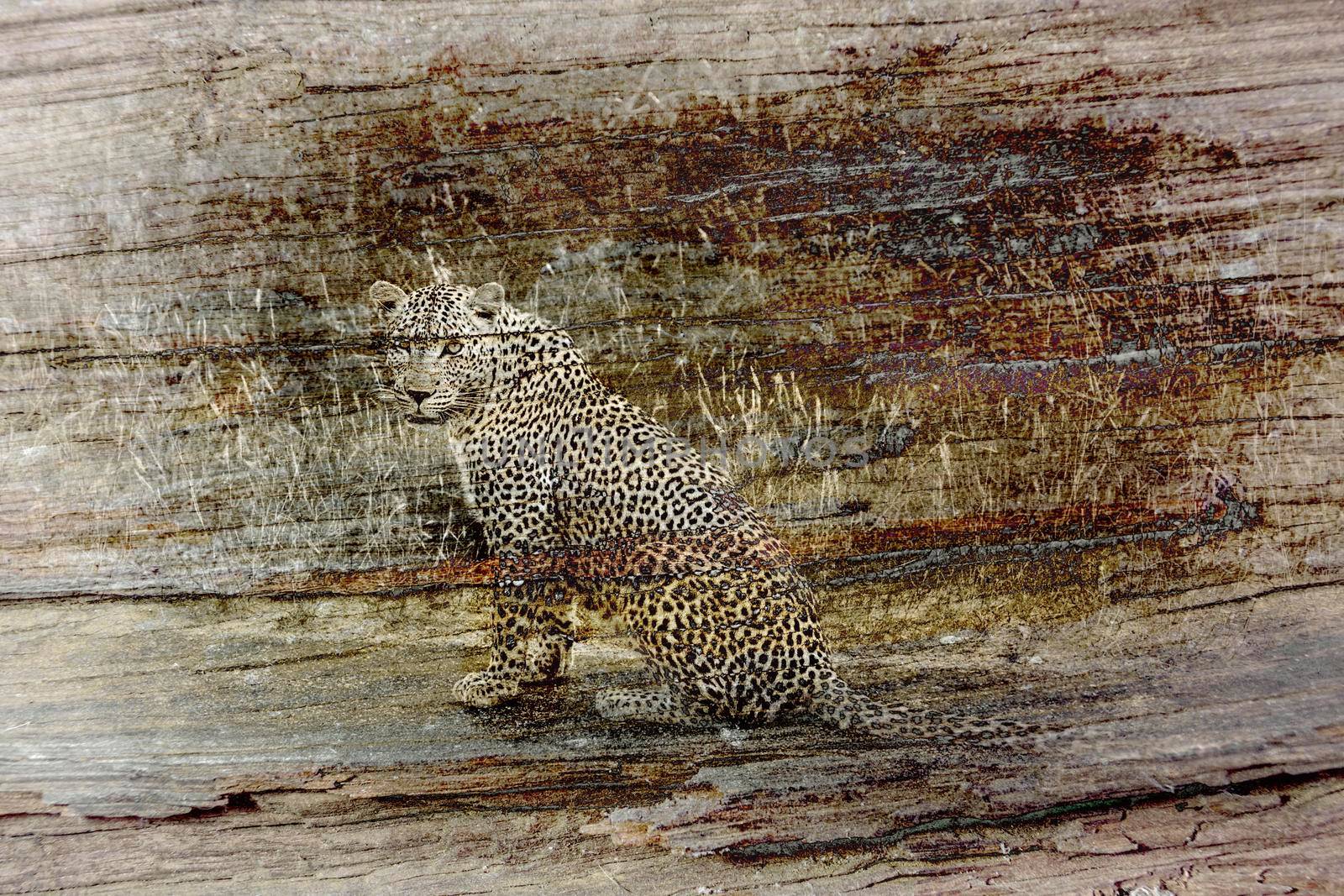 Leopard multiple images with Detail of old wood bark of dry tree ; Specie Panthera pardus family of Felidae