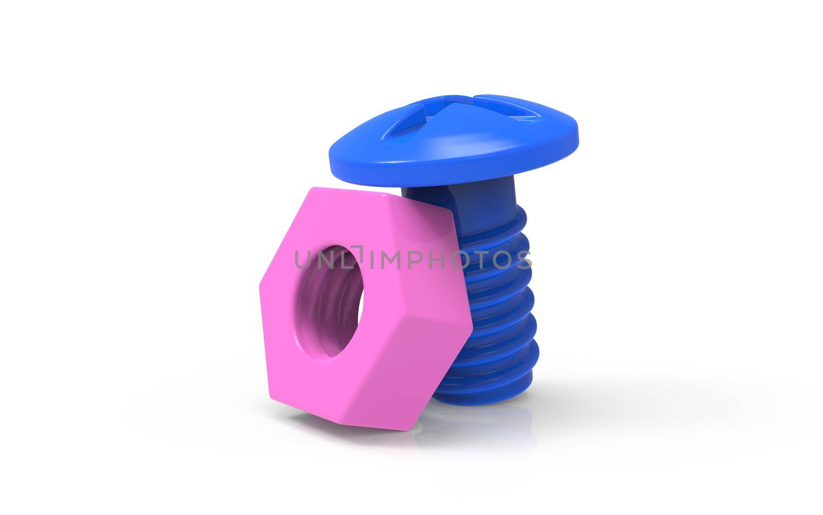 Plastic toy blue screw and pink nut couple. Male and female relations symbol. 3D illustration rendering