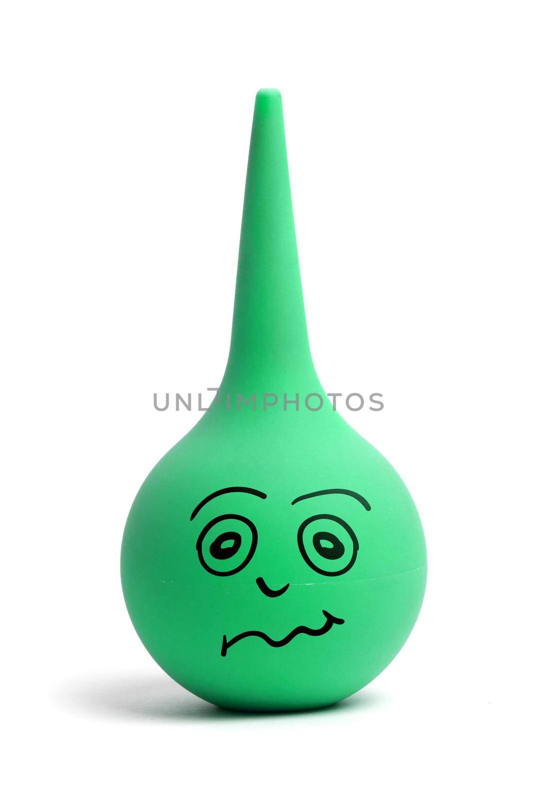 Funny green cartoon rubber enema with a confused, puzzled emotion isolated on white background
