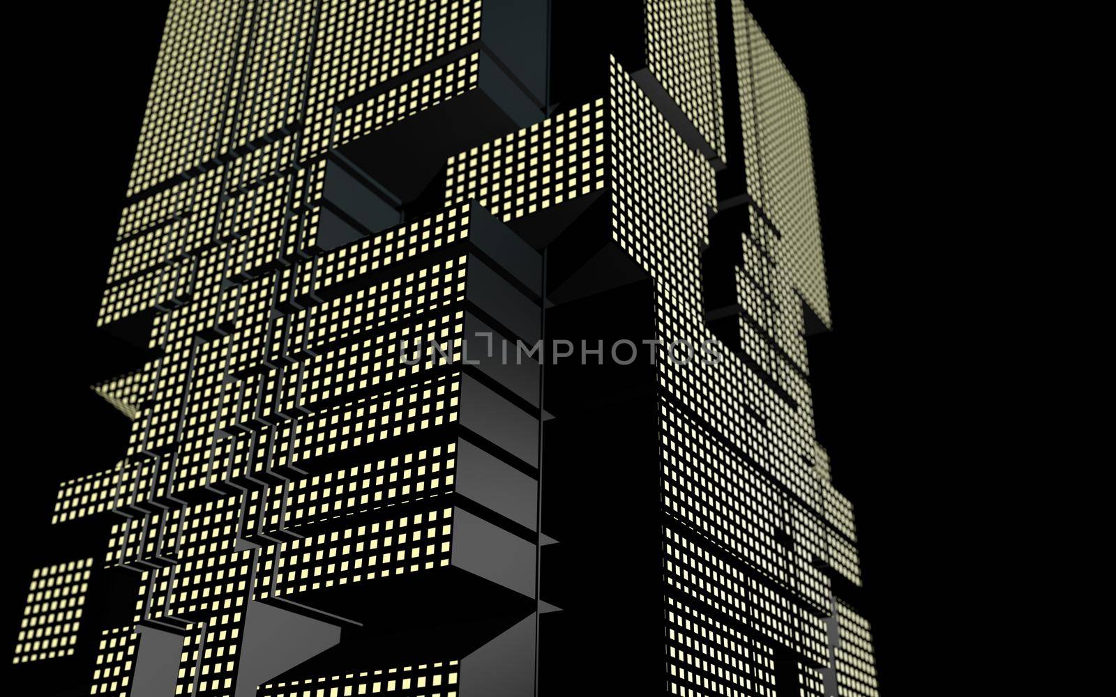 Futuristic building of abstract geometric shape at night by clusterx