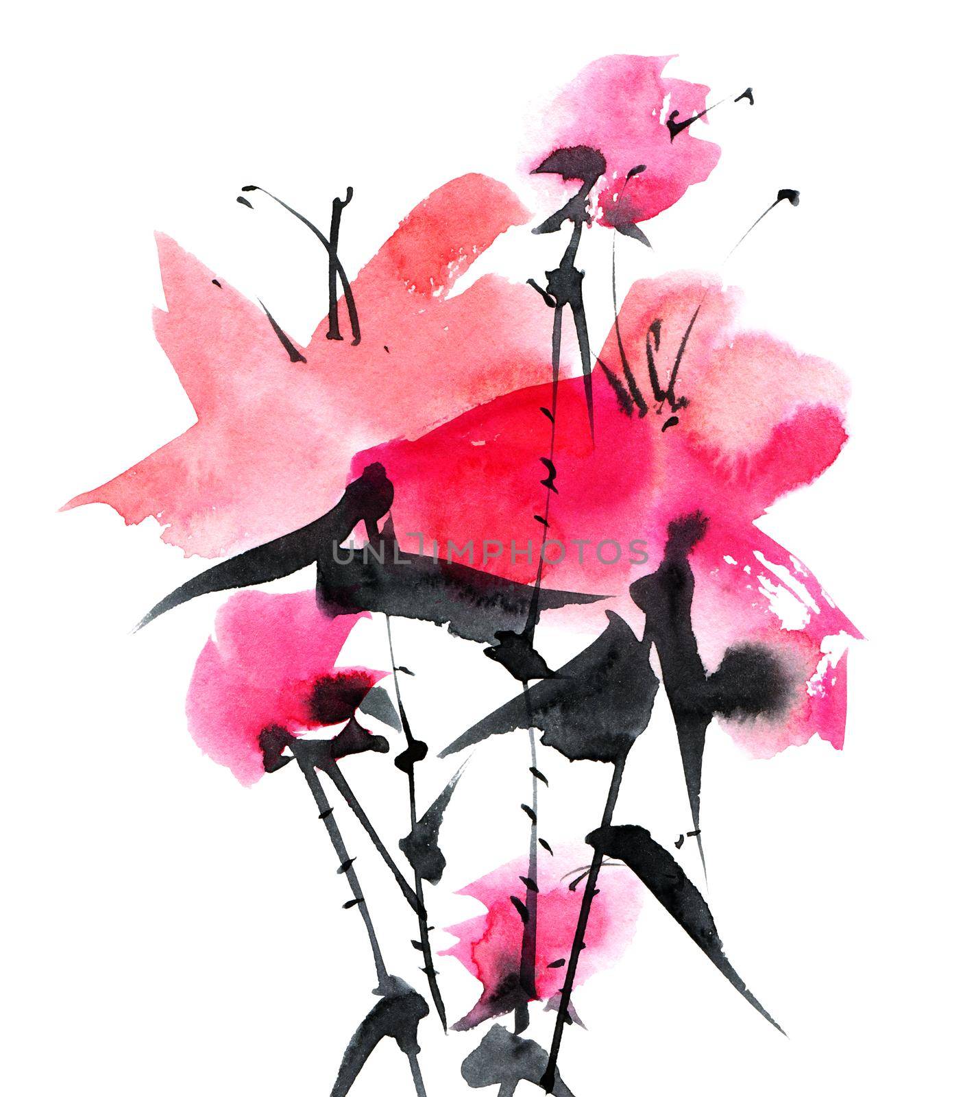 Watercolor and ink illustration of pink flowers bouquet on white background. Oriental traditional painting in style sumi-e, u-sin and gohua. Design element for greeting card, invitation or cover.