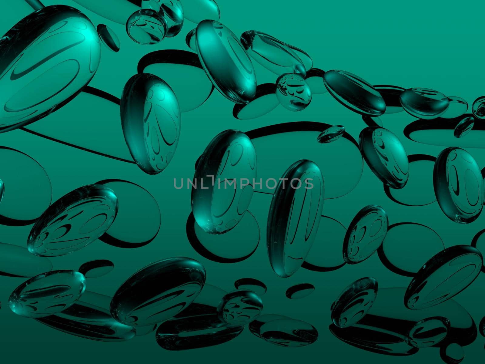 Swirl of water droplets on a turquoise background. Abstract 3D illustration render