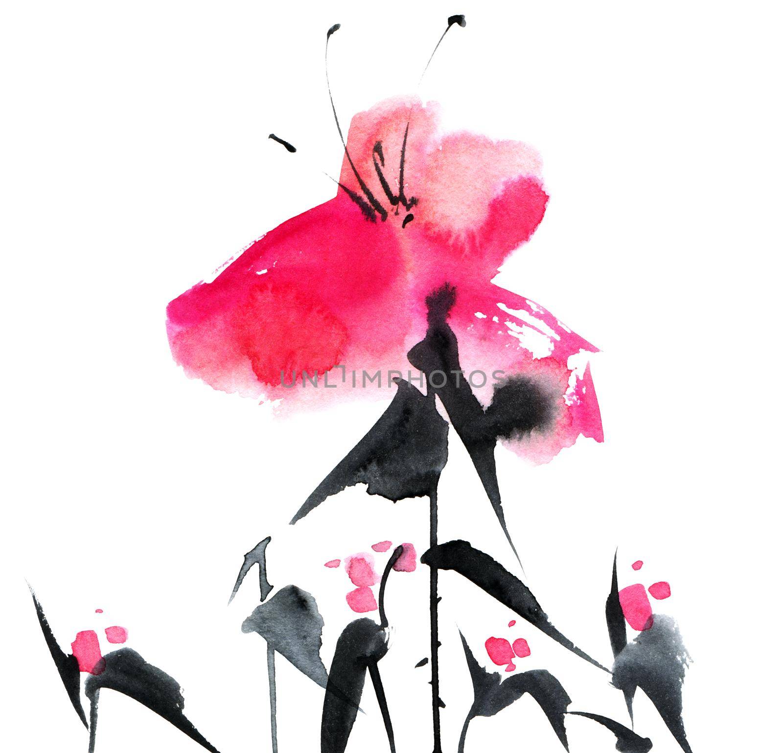 Watercolor and ink illustration of pink flowers on white background. Oriental traditional painting in style sumi-e, u-sin and gohua. Design element for greeting card, invitation or cover.