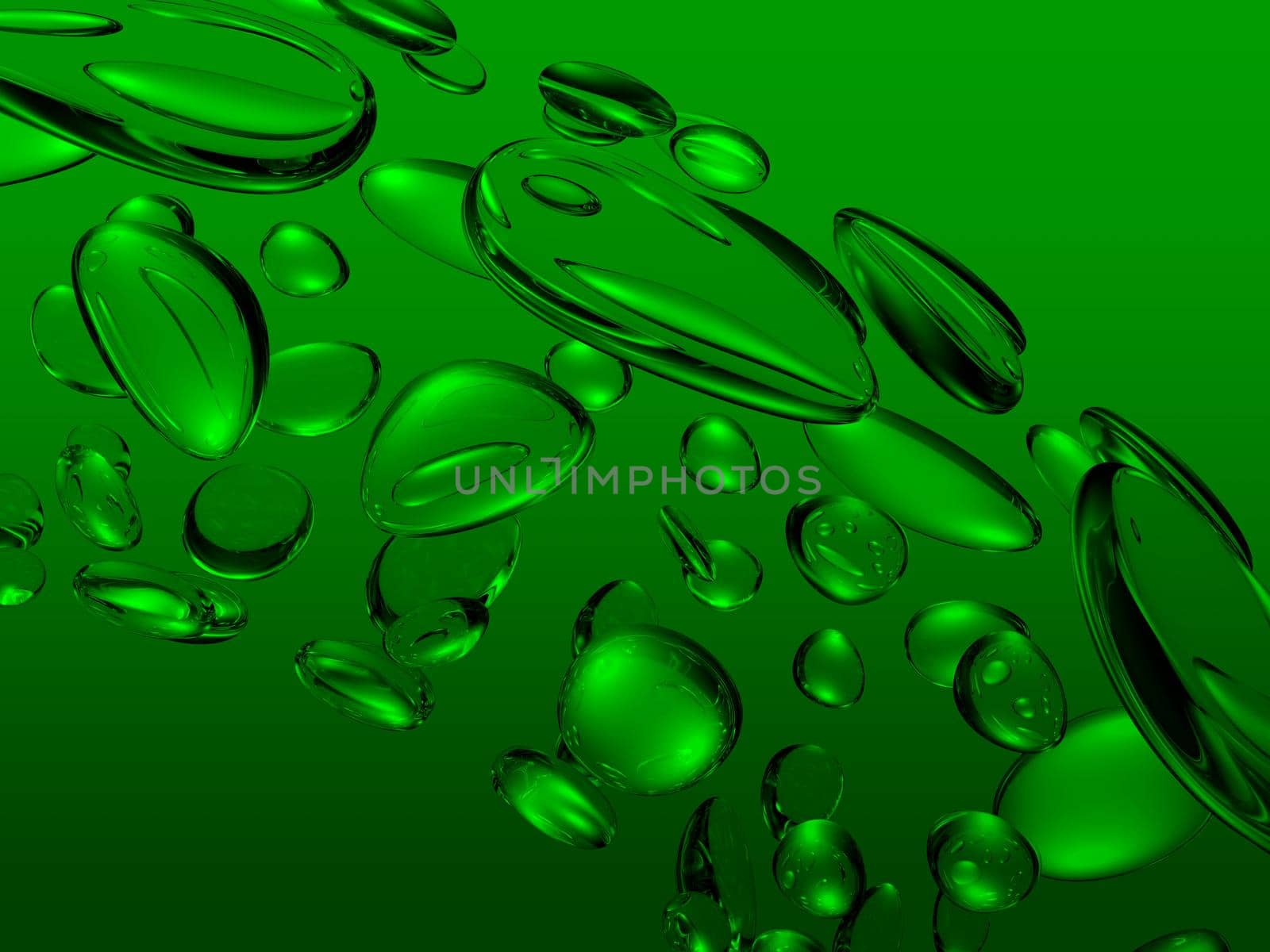 Swirl of water droplets on a green background. Abstract 3D illustration render