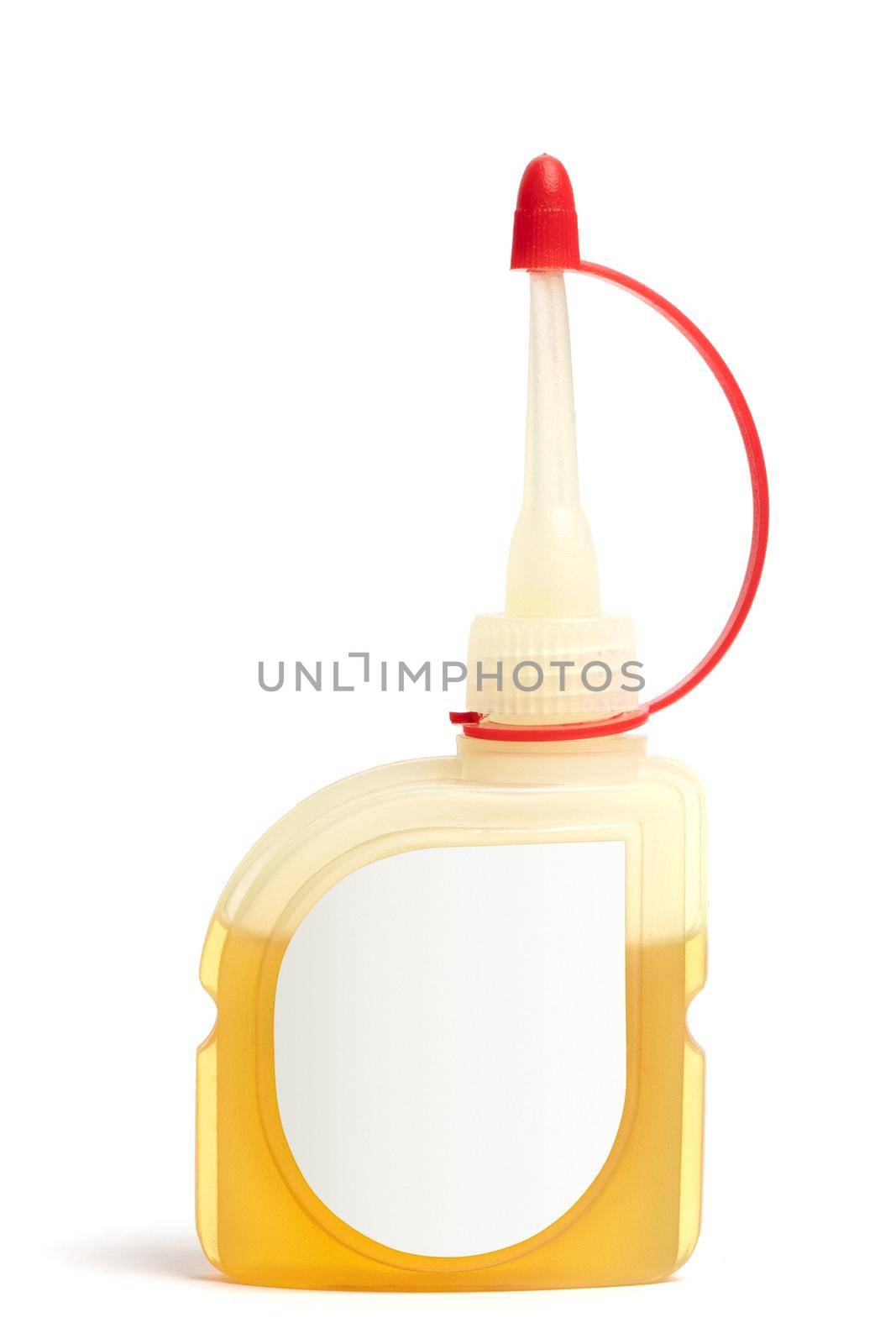 A small polyethylene oiler with a household oil and a blank label for mock up, isolated on white background