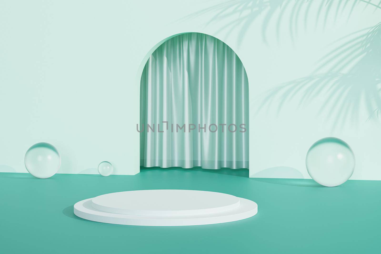 Podium or pedestal for products or advertising near to green mint empty entrance with curtains and tropical leaf shadows. 3D minimal rendering. by Frostroomhead