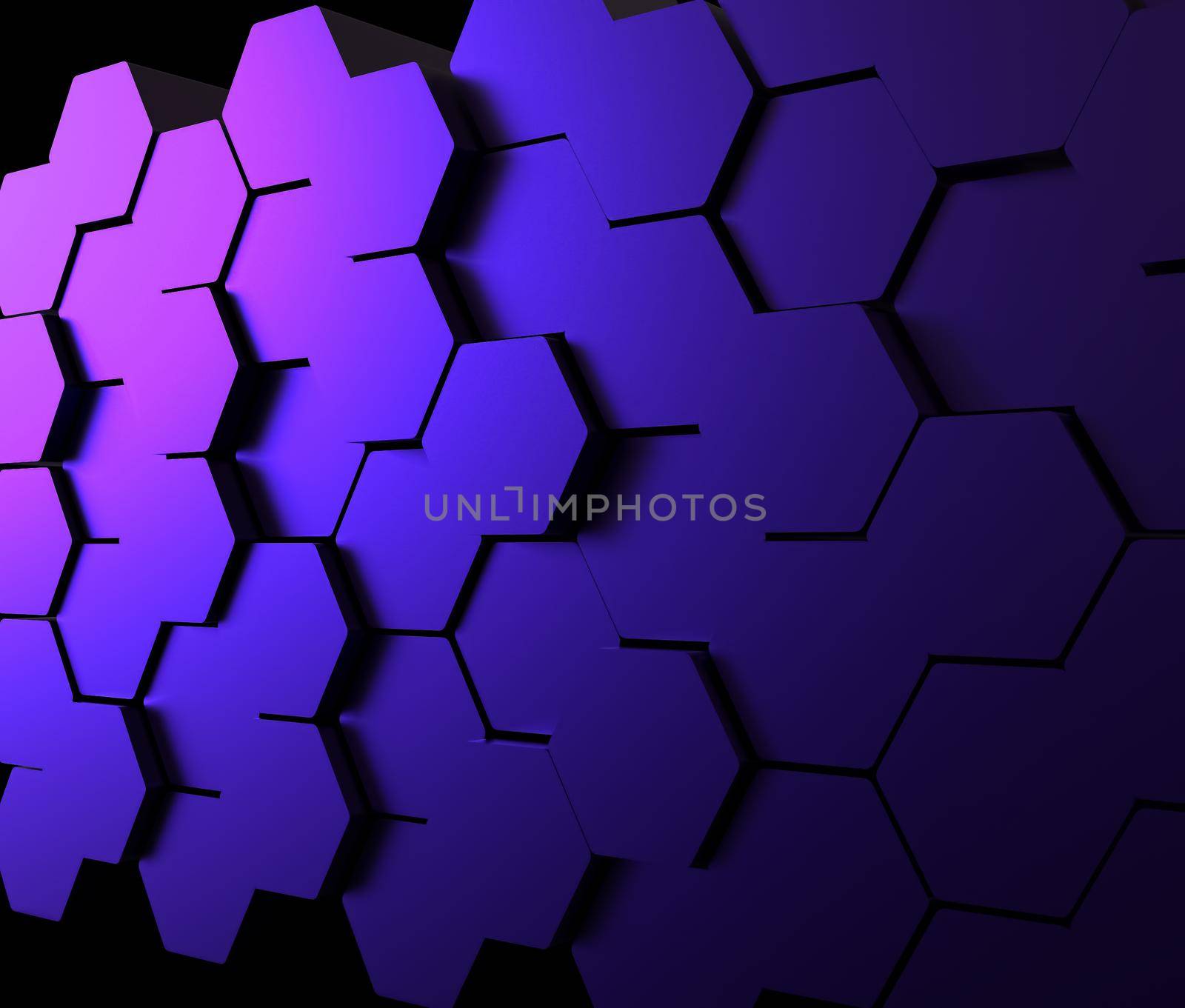 Abstract purple and blue retro neon hexagonal background. Futuristic technology concept. 3d rendering illustration. Wall hex geometry pattern. Carbon cells. Polygonal dark surface. Polished mosaic