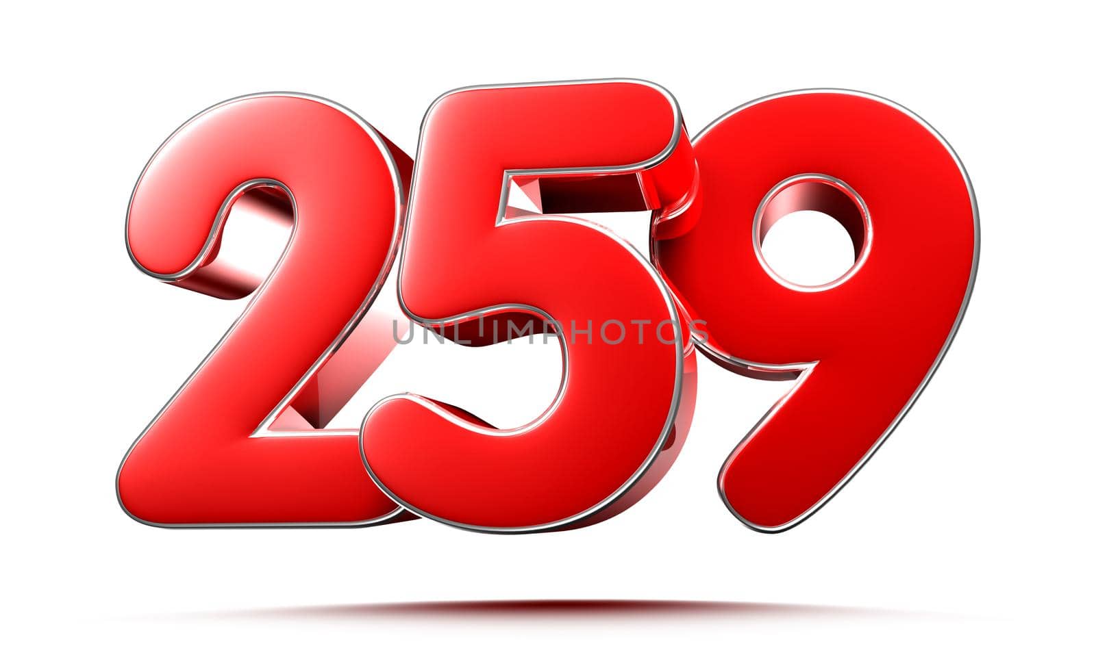 Rounded red numbers 259 on white background 3D illustration with clipping path