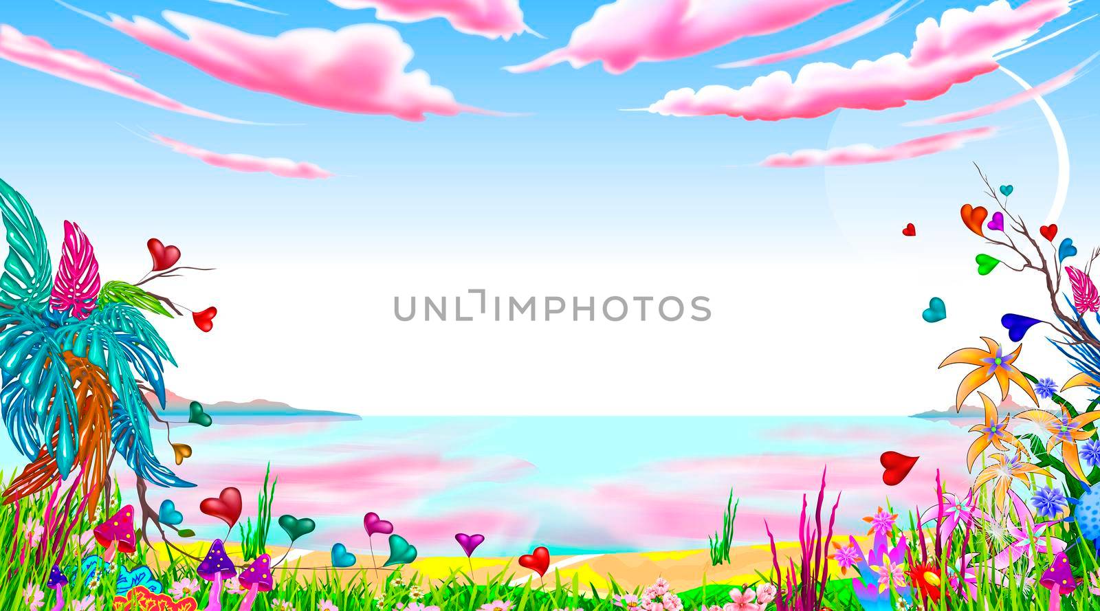 Fantasy fabulous landscape. Seascape. Blue sky with pink clouds. Fabulous plants and flowers.