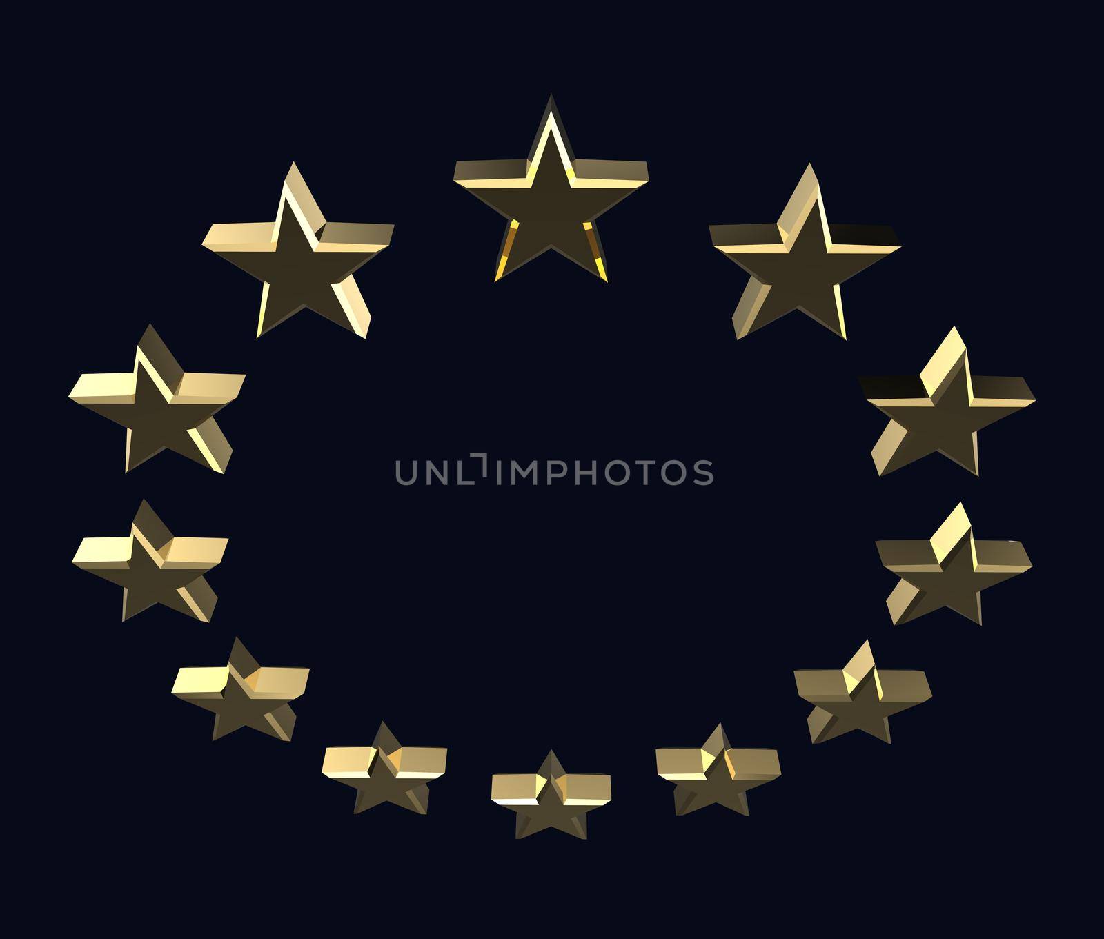 Golden metal European Union logo stars on dark blue background. 3D rendering illustration