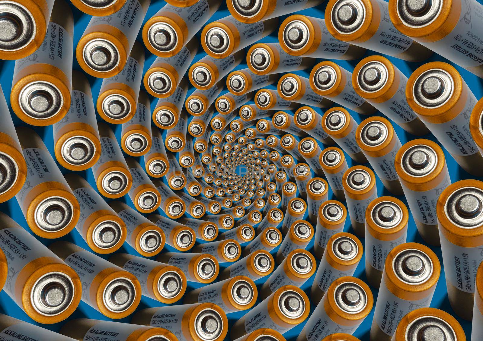 Alkaline AA orange metallic battery top view on blue background. Spiral pattern