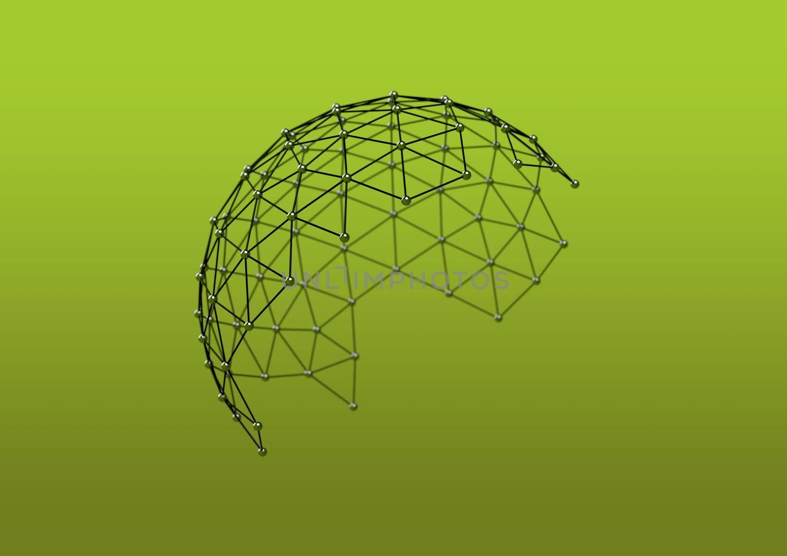 Atomic molecular lattice metal hemisphere on green yellow background. Sphere with connected lines and dots. Wireframe network, 3D illustration rendering