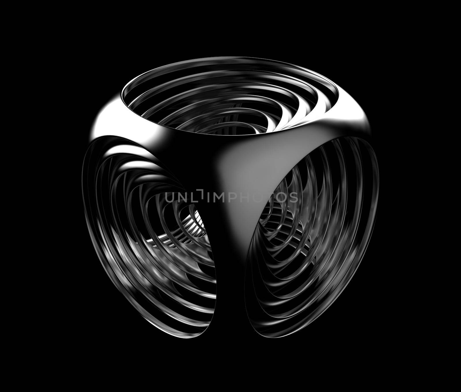 Black and white cubic abstraction. Repeating silver fillet cubes scaling down in size. Digital art, 3D rendering illustration