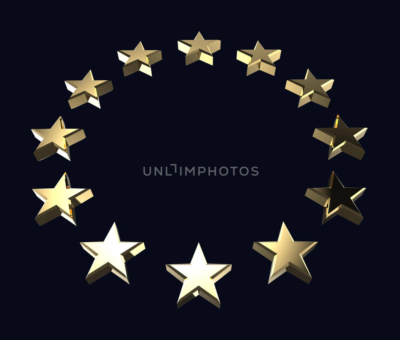 Golden metal European Union logo stars on dark blue background. 3D rendering illustration