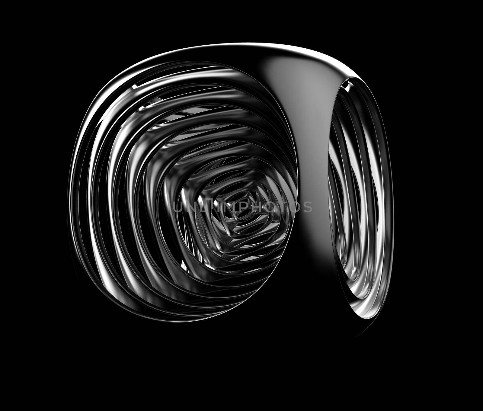 Black and white cubic abstraction. Repeating silver fillet cubes scaling down in size. Digital art, 3D rendering illustration