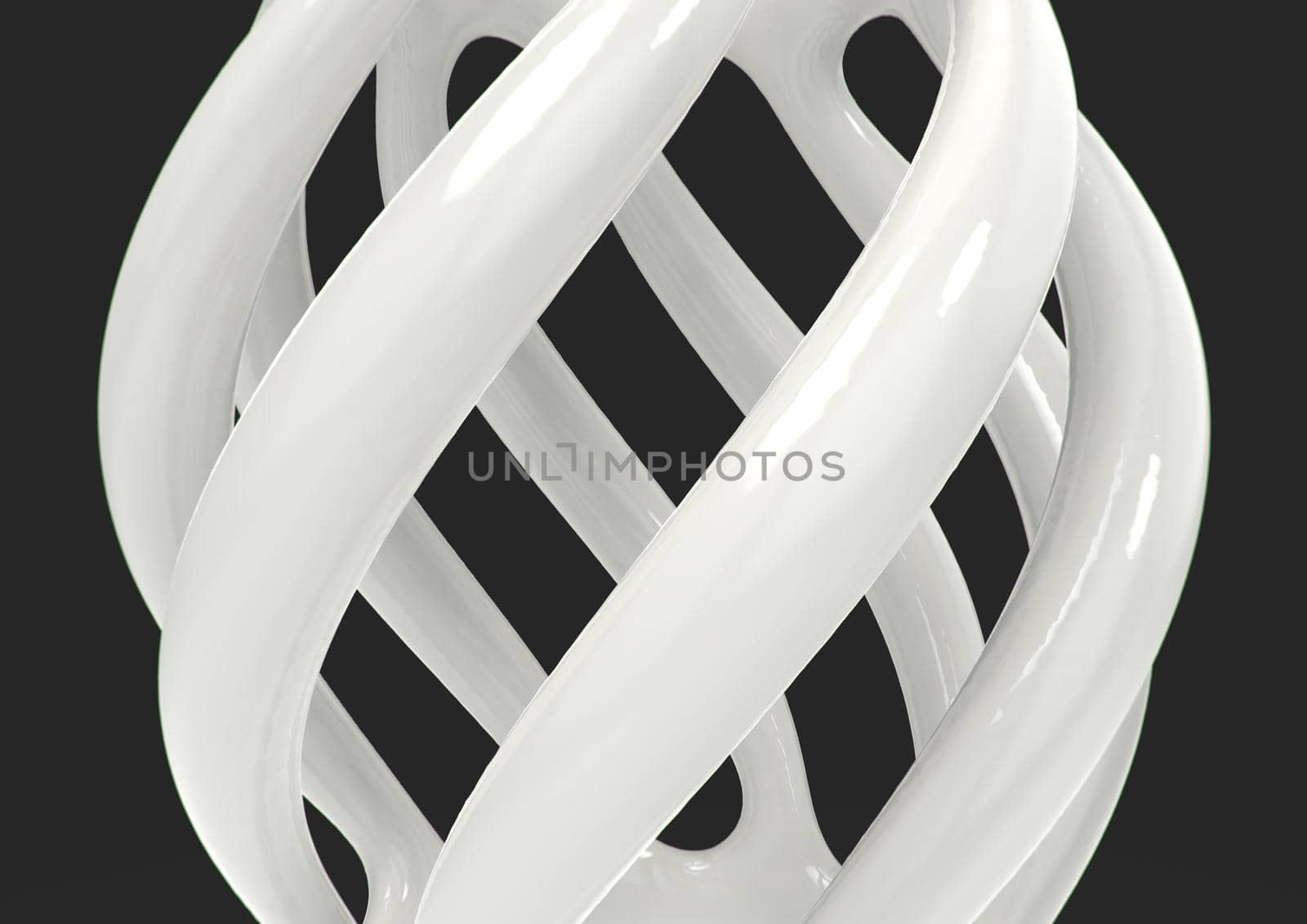 Abstract white ceramic twisted tubes on dark gray background by clusterx