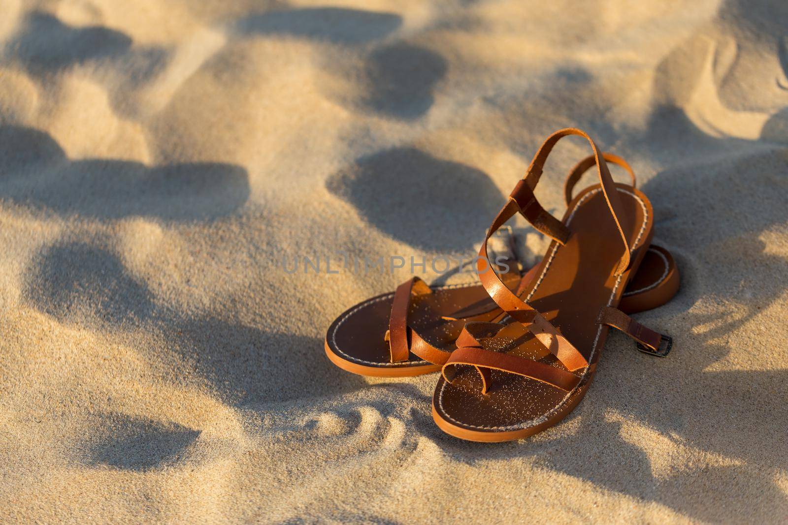 Elegant brown women's leather sandals on the sand of sea beach at early morning sunrise