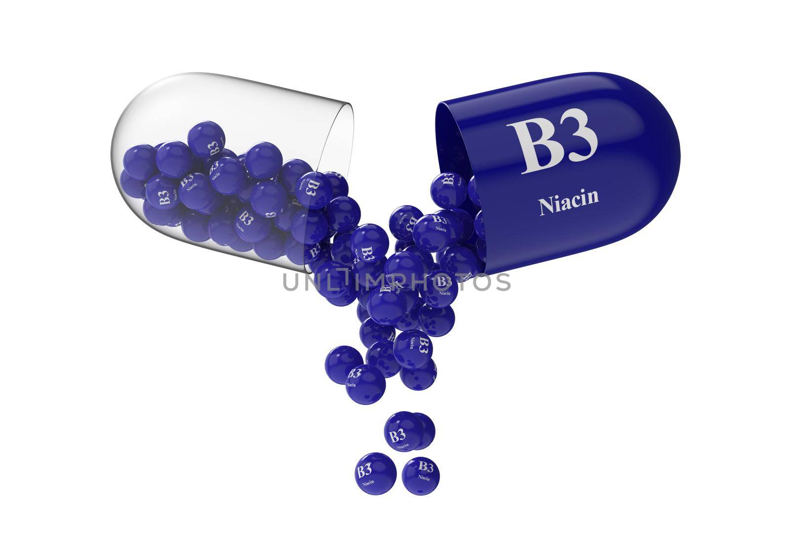 Open capsule with b3 niacin from which the vitamin composition is poured. Medical 3D rendering illustration