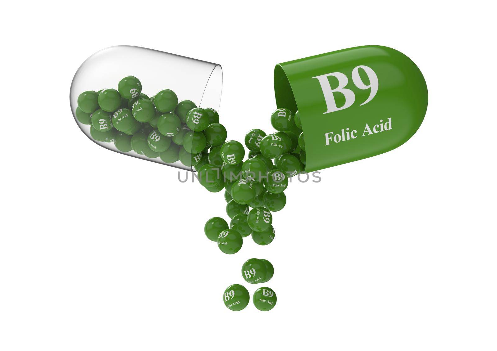 Open capsule with folic acid from which the vitamin composition is pouring by clusterx